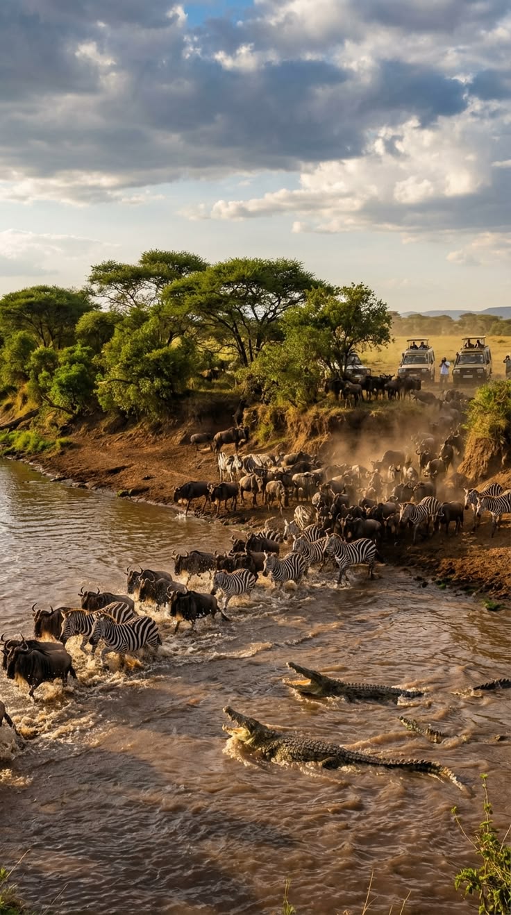 Wildebeest and zebras gathering on the riverbank during a great wildebeest migration safari