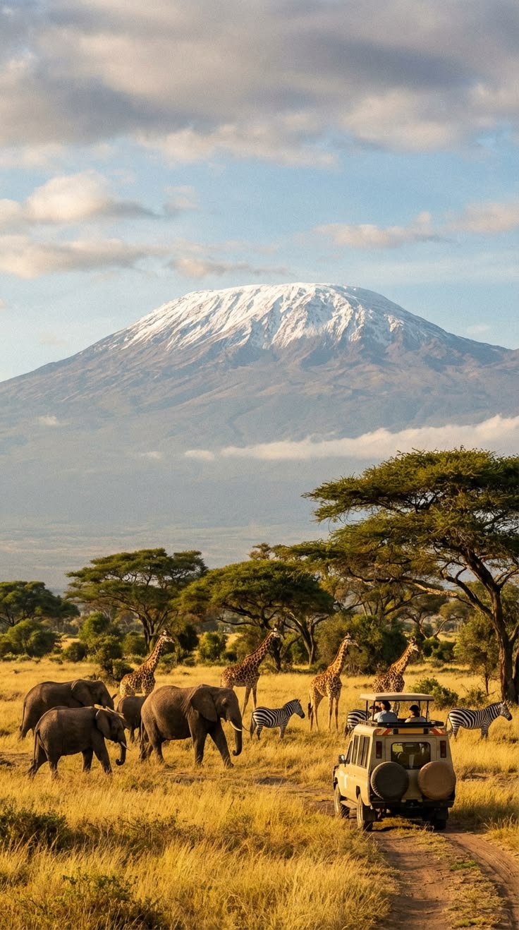 A 4x4 group safari cruiser navigating a dirt track alongside elephants, giraffes, and zebras with a clear view of Mount Kilimanjaro in Amboseli, Kenya.