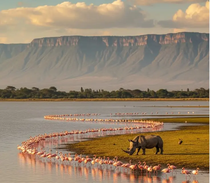 A white rhino grazing on the shoreline with a long line of pink flamingos in the water at Lake Nakuru National Park during a 4 days masai mara and lake nakuru safari.