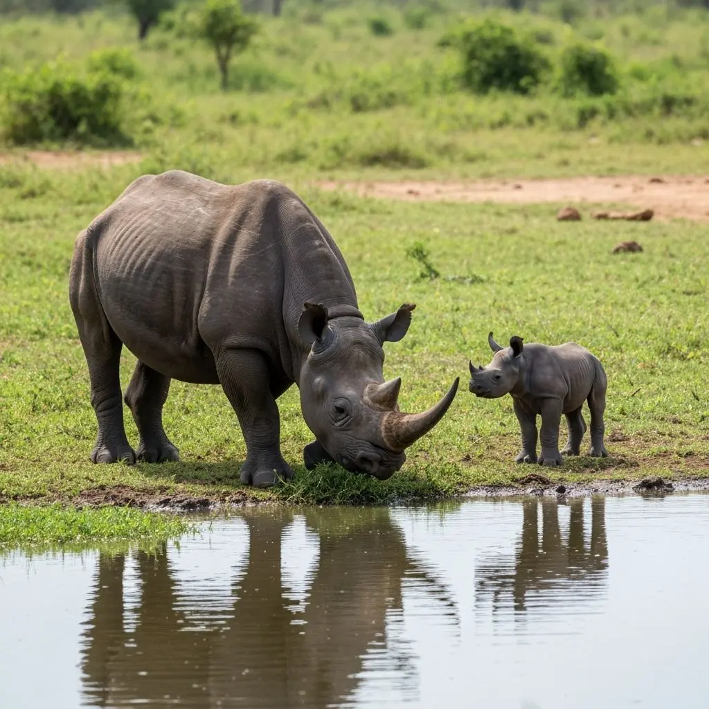 Black rhino mother and calf at a waterhole, a rare sight on our Kenya big five safari packages