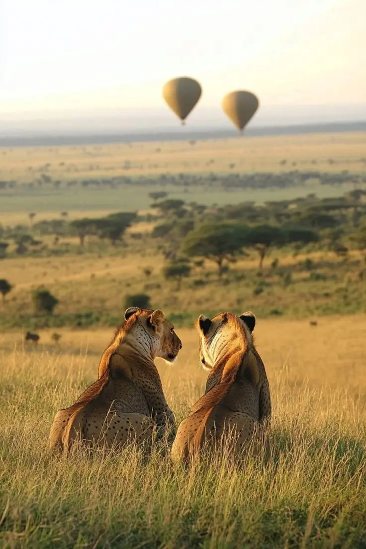 Two lionesses sitting in the tall grass looking out over the expansive savannah of the Maasai Mara National Reserve during a 4 days masai mara and lake nakuru safari.