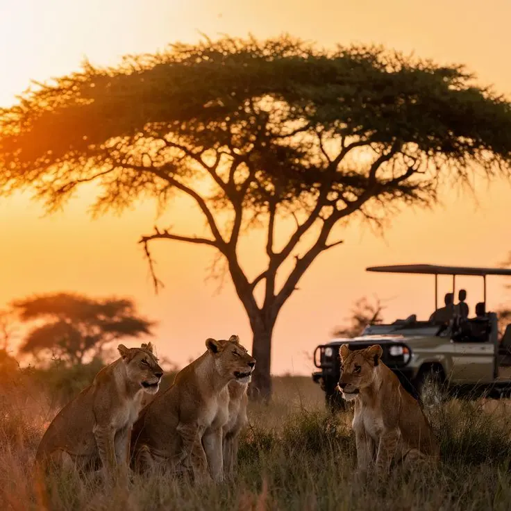 A pride of lions sitting in front of an acacia tree at sunset with a safari vehicle in the background during a private 4 days masai mara and lake nakuru safari